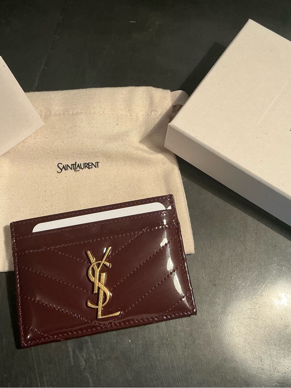 Authentic Yves Saint Laurent Dark Wine Patent Leather Card Holder - Picture 2 of 4
